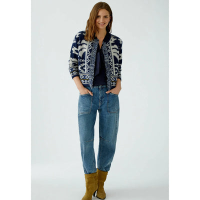 Jacquard Fringed Cardigan | Navy / Ivory
