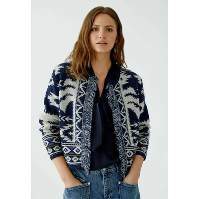 Jacquard Fringed Cardigan | Navy / Ivory