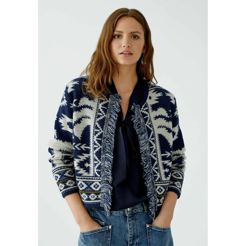 Jacquard Fringed Cardigan | Navy / Ivory