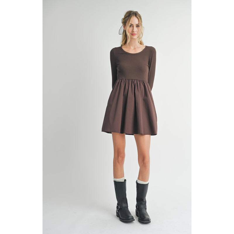 Knit Long Sleeve Poplin Dress | Dark Brown