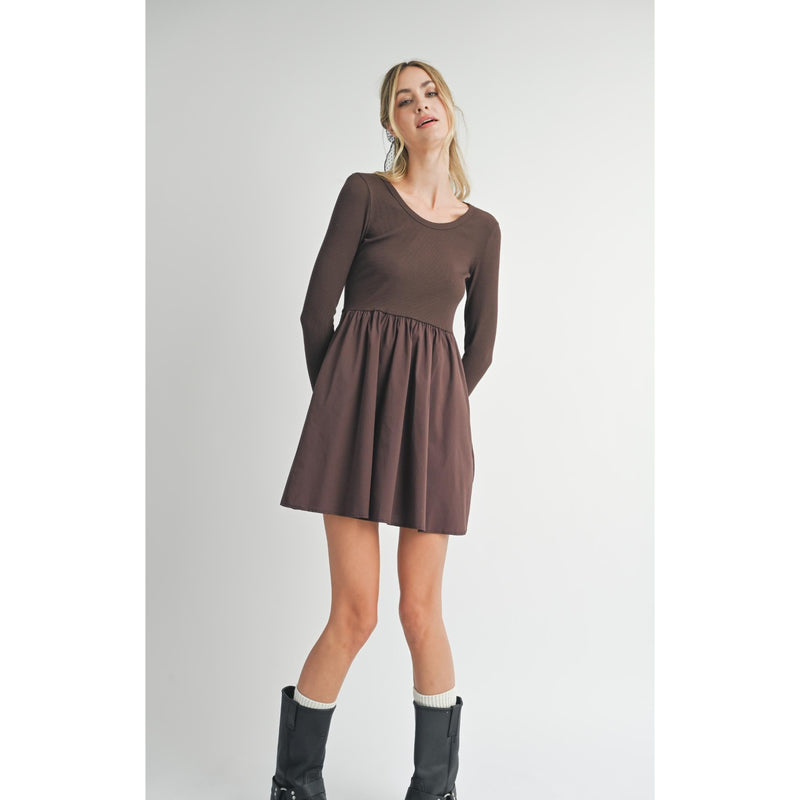 Knit Long Sleeve Poplin Dress | Dark Brown