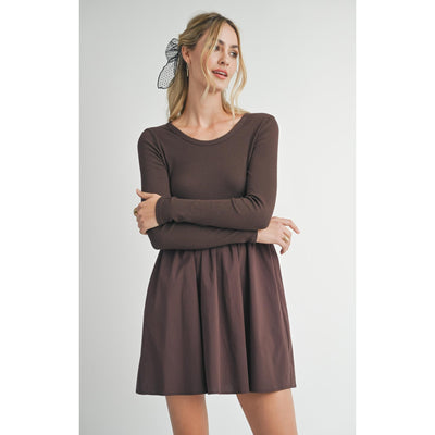 Knit Long Sleeve Poplin Dress | Dark Brown