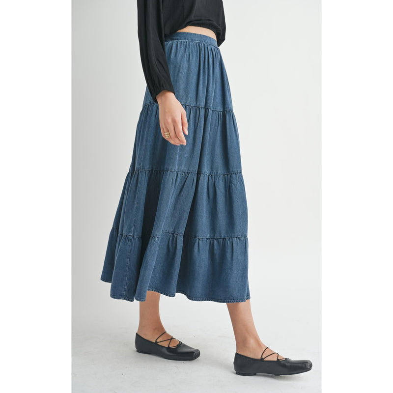 Archives Tiered Maxi Skirt | Dark Chambray