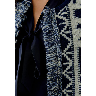 Jacquard Fringed Cardigan | Navy / Ivory