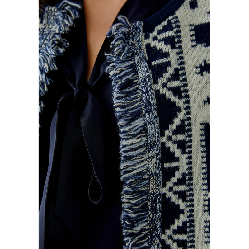 Jacquard Fringed Cardigan | Navy / Ivory