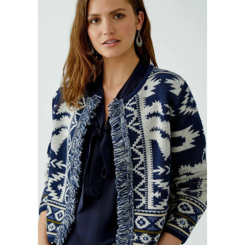 Jacquard Fringed Cardigan | Navy / Ivory