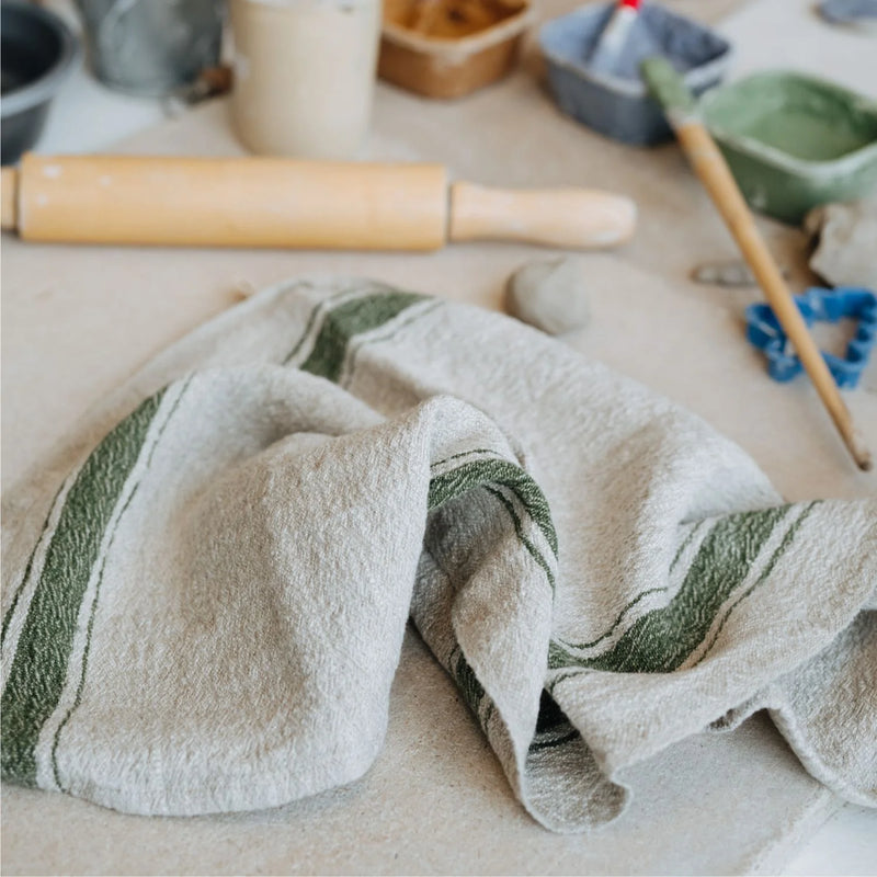 Linen Kitchen Towel | Vintage Green Stripe