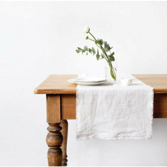 Linen Table Runner | White Fringe