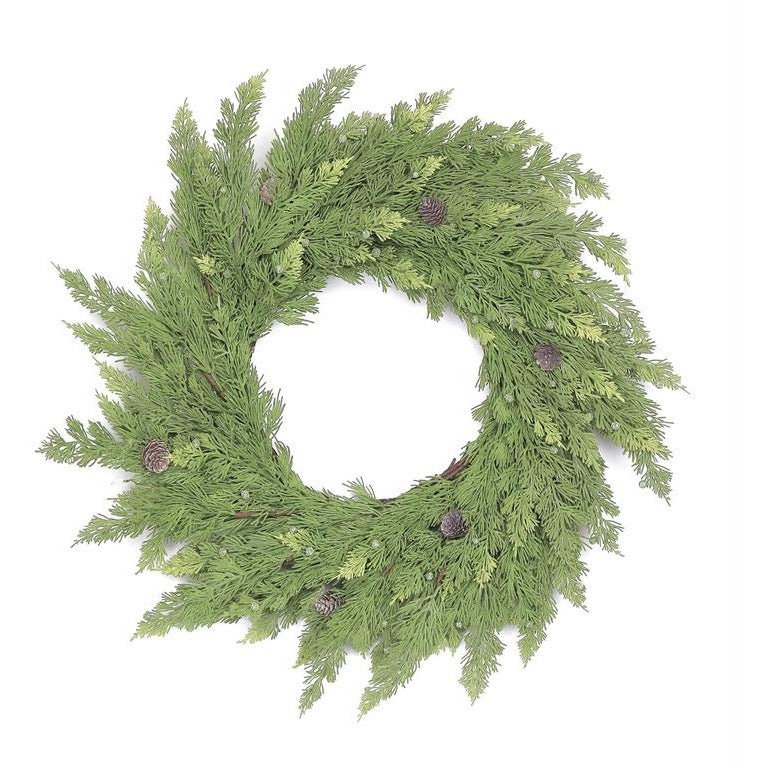 Washed Cedar Wreath with Cone and Berry 24"